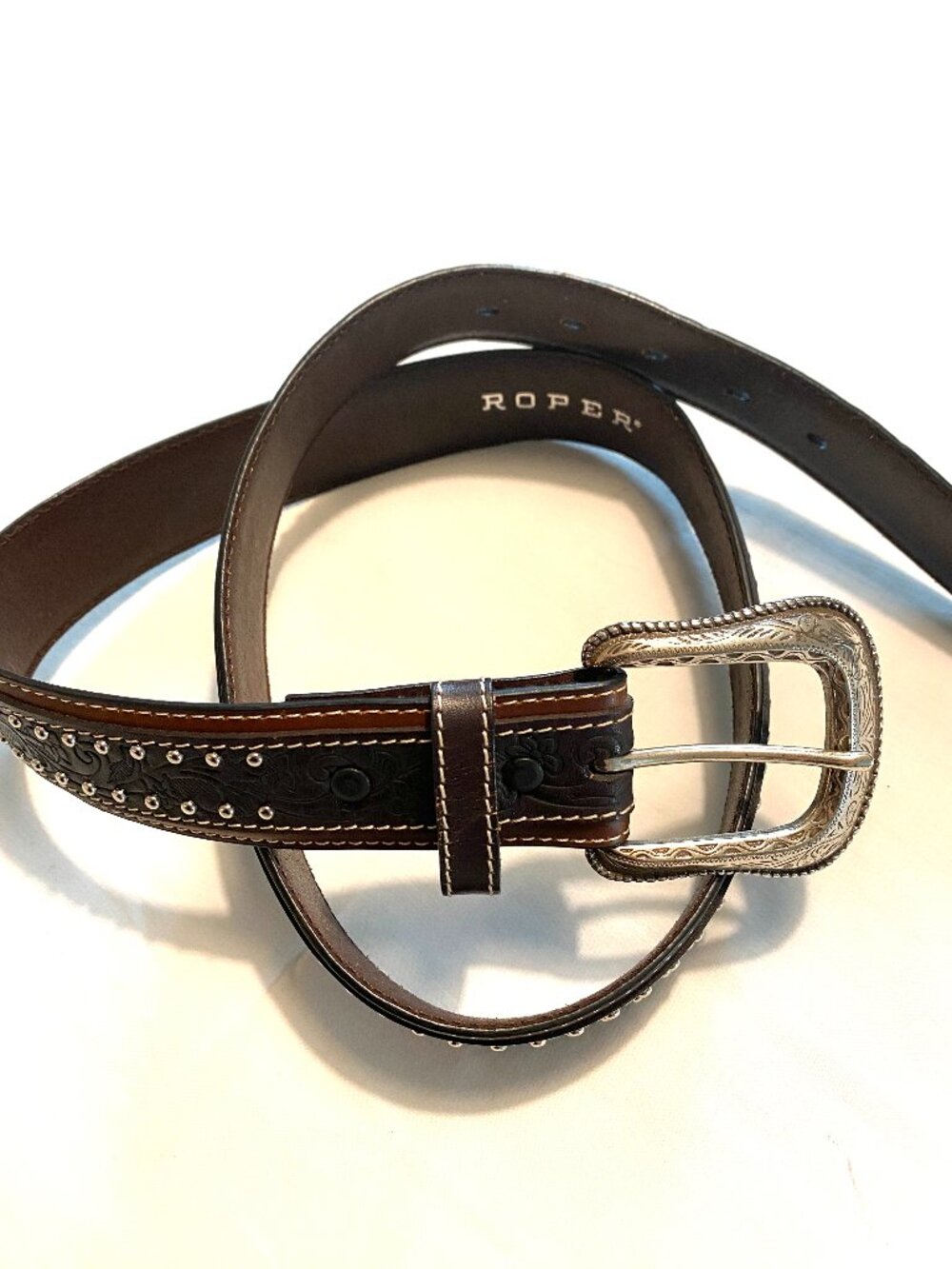 Roper Genuine Leather Western Belt Brown Black Tooled Studded Unisex 36